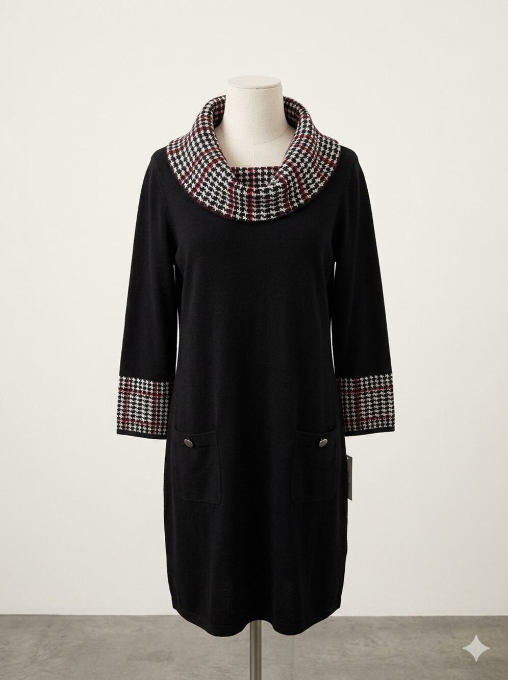 US/ MEDIUM NWT ElizaJ Women's Black 3/4 Sleeve Cowl Neck Houndstooth Shift Dress